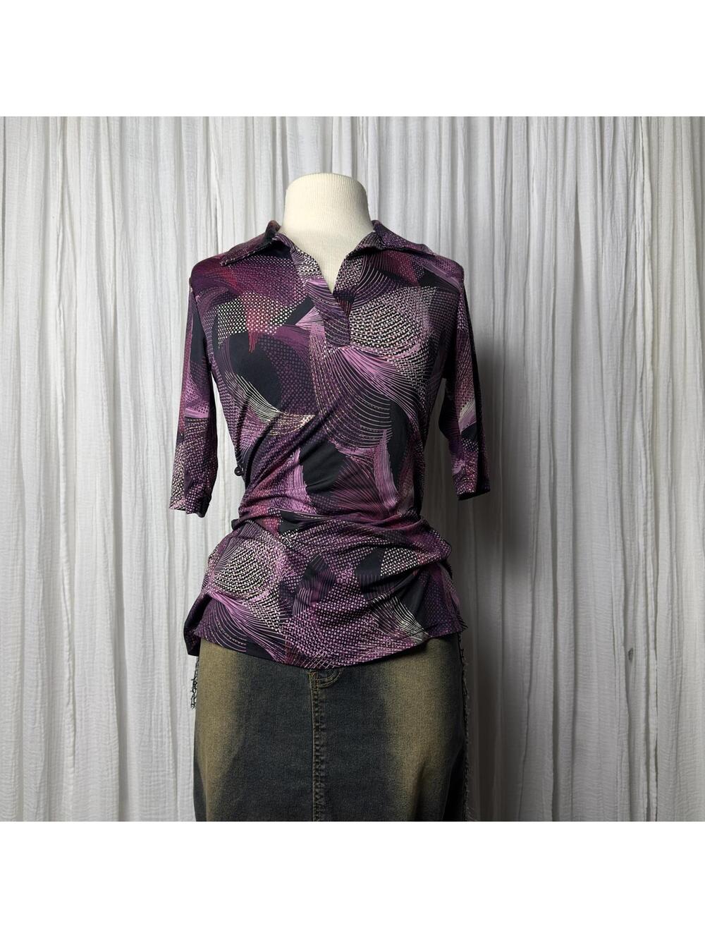 Vintage Indie Boho Hippie Grunge Fairy Abstract Print Polo Spandex Top (M)